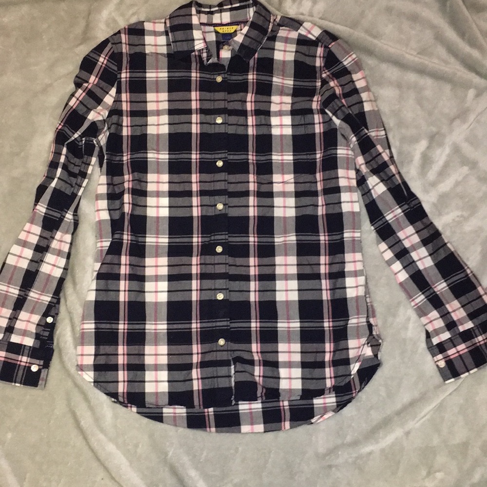 Navy Blue and Pink Plaid Button Up Shirt.